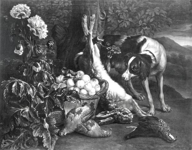 Studio Fotografico AS — Anonimo fiammingo sec. XVII/ XVIII - Natura morta con cesto di pesche, fiori, selvaggina e cane — insieme